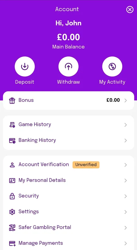 Account dashboard showing main balance and bonus balance after login