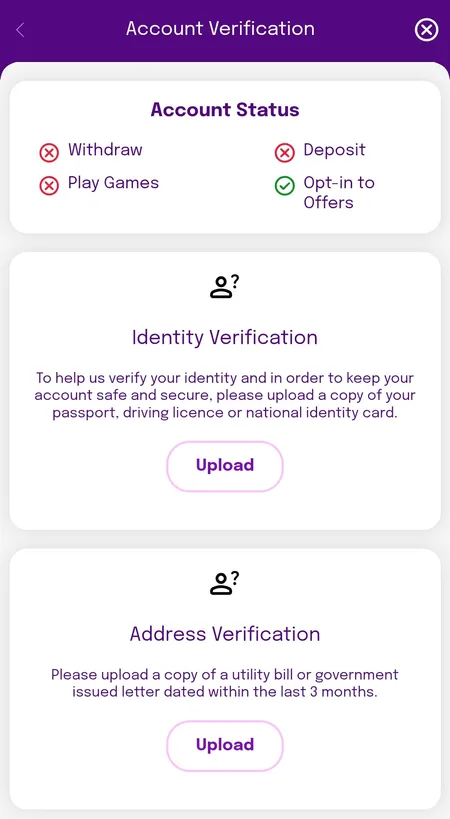 Account verification screen showing identity and address status cards