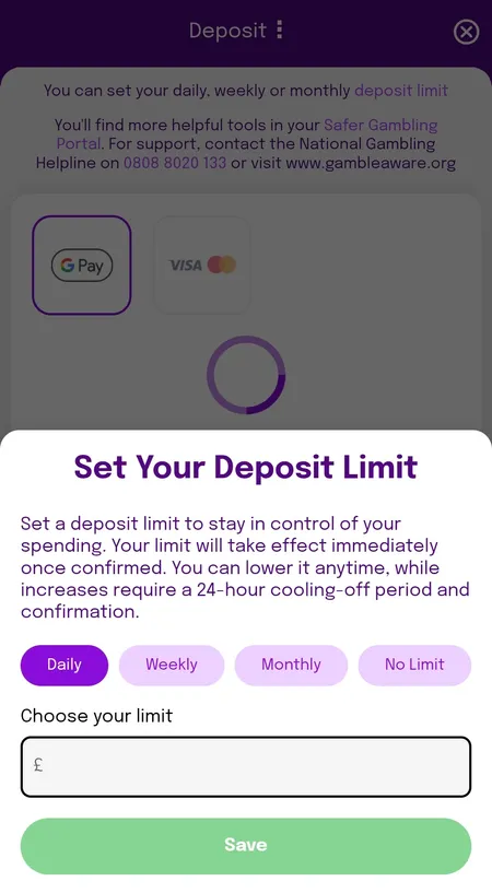 Smooth Spins deposit limit setup screen