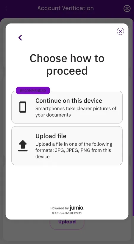 Jumio KYC screen in Smooth Spins app showing device photo or file upload options