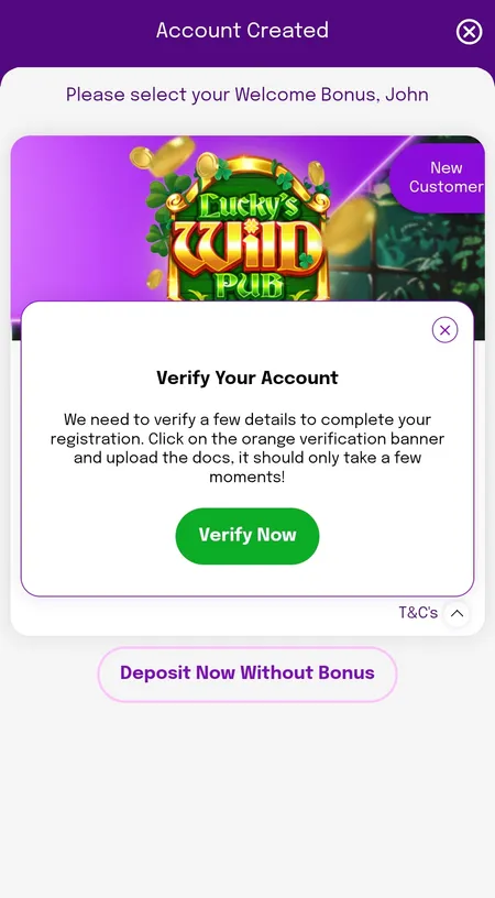 Smooth Spins post-registration bonus selection screen